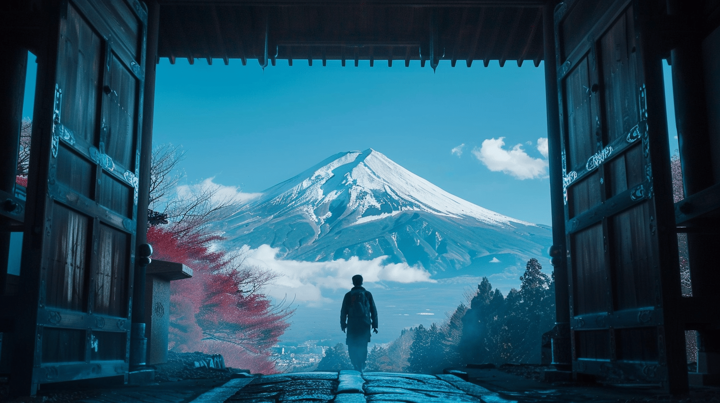 A picturesque view of Mount Fuji, adorned with delicate and lush cherry  blossoms, standing tall and proud, untouched by human presence.(summertime,  serene atmosphere - SeaArt AI